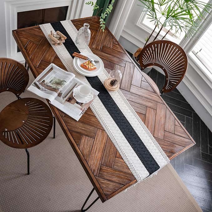Macrame Table Runner Cream Beige and Black Boho Table Runners - Image 6