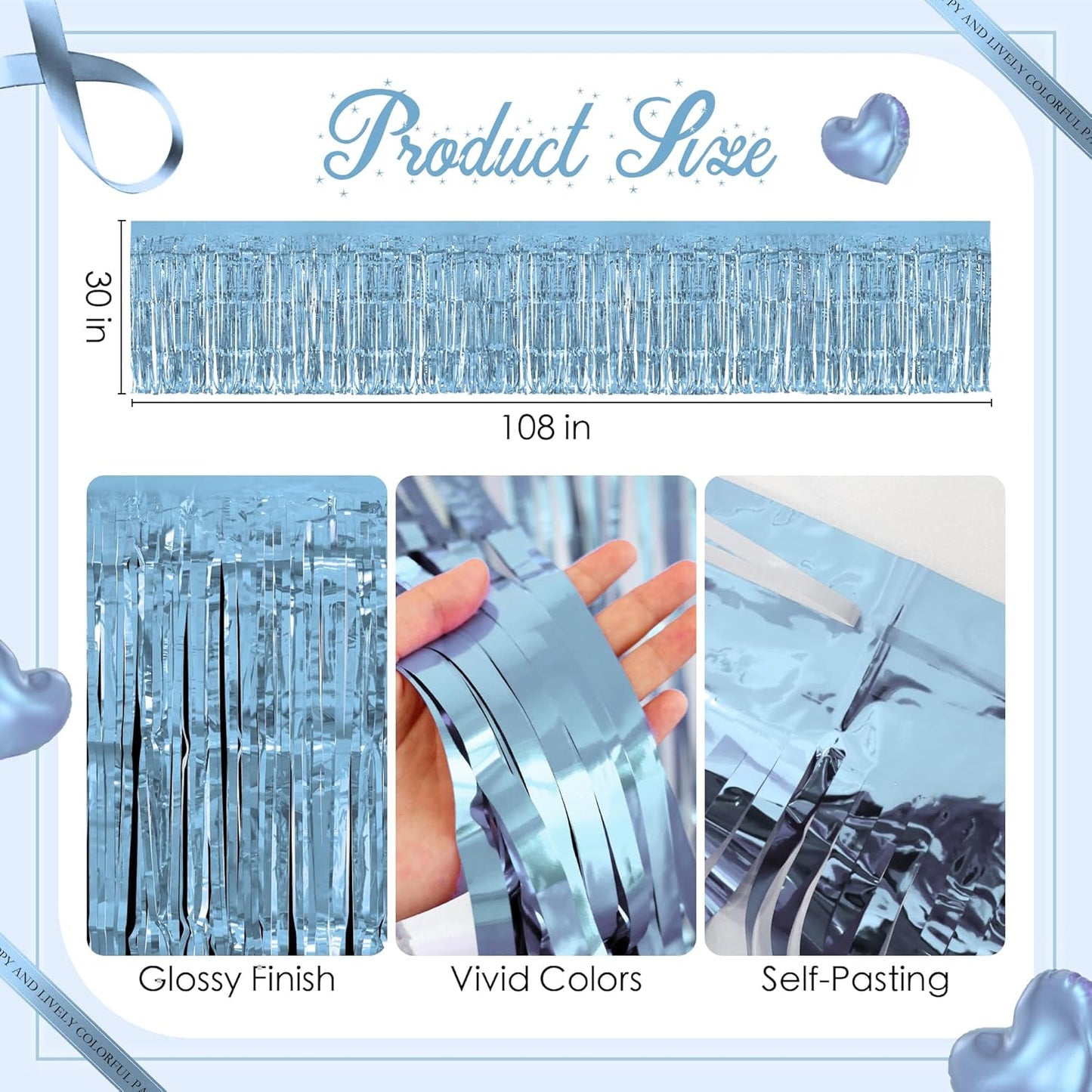 2 Pack Light Blue Table Skirts, 29x108" Metallic Foil Tinsel Fringe Table Skirts for Rectangle Tables Streamer Curtains Backdrop, Party Decorations for Birthdays Weddings Holidays