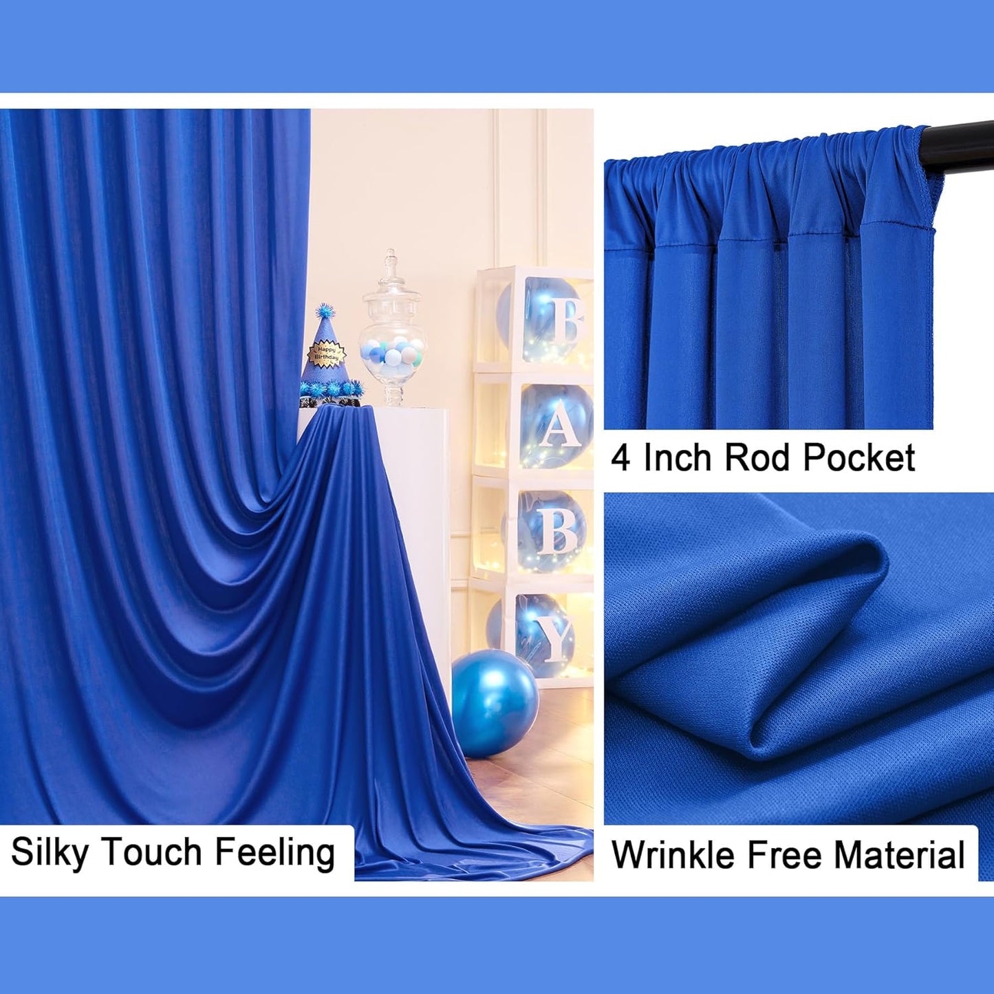 30ft x 10ft Wrinkle Free Royal Blue Backdrop Curtain for Party, Polyester Royal Blue Photo Backdrop Drapes 6 Panels 5x10ft for Birthday Photography Background Weddings Baby Shower Party