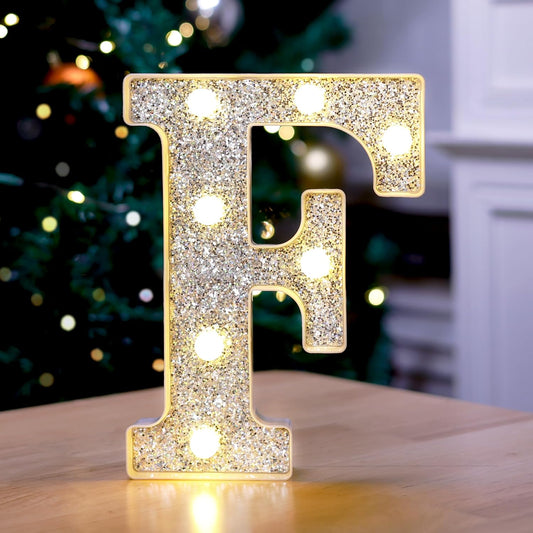 Marquee Light Up Letters, Glitter Silver LED Letter Lights Battery Powered Alphabet Letter Sign for Night Light Wedding Birthday Party Cafe Bar Decoration Girls Room Decor - F