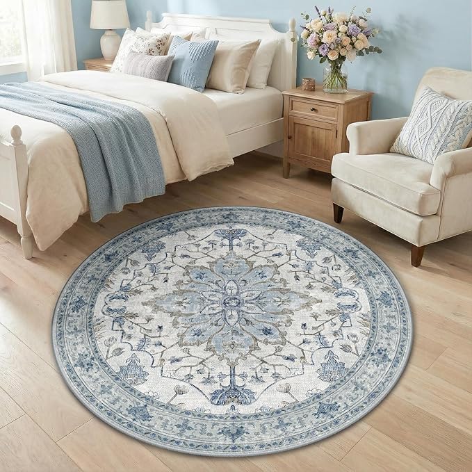 RELEANY Area Rugs Round 4ft Washable Non-Slip, Floral Vintage Distress Print - Image 3