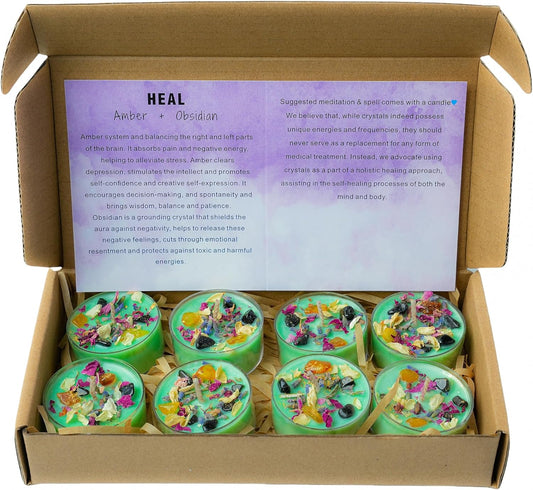 Tealight Soy Candles with Crystals And Herbs, Handmade Energy Candles, Healing Crystal Soy Candles, Aromatherapy Candles. (Green)