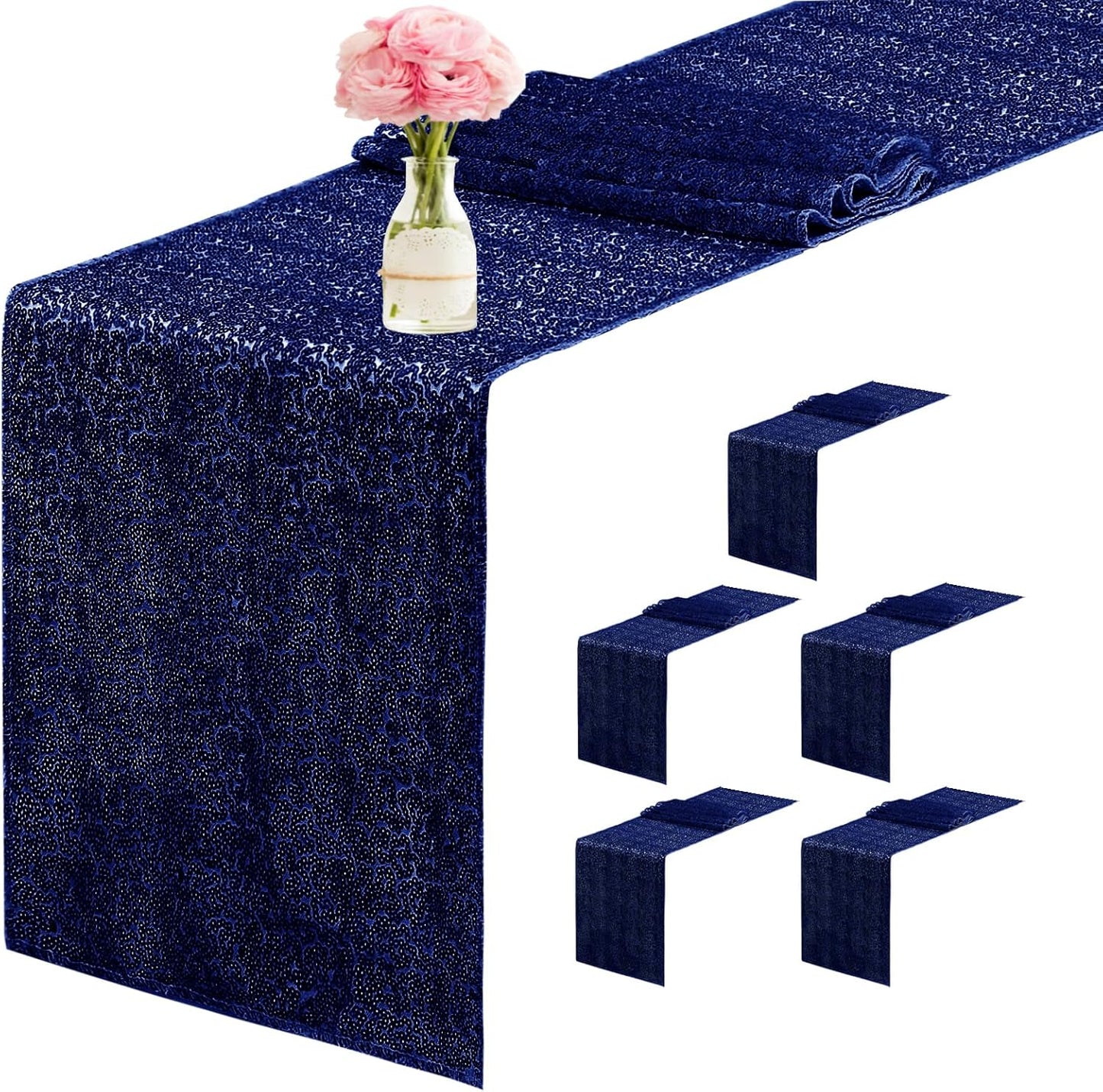 6 Packs 12 x 72 inches Sequin Table Runner, Navy Blue Glitter Table Runner for Birthday Party Supplies Wedding Engagement Baby Shower Holiday Celebration Event Decorations