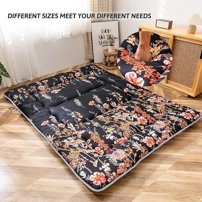 MAXYOYO Black Floral Japanese Futon Floor Mattress, Mattress Topper Portable - Image 4