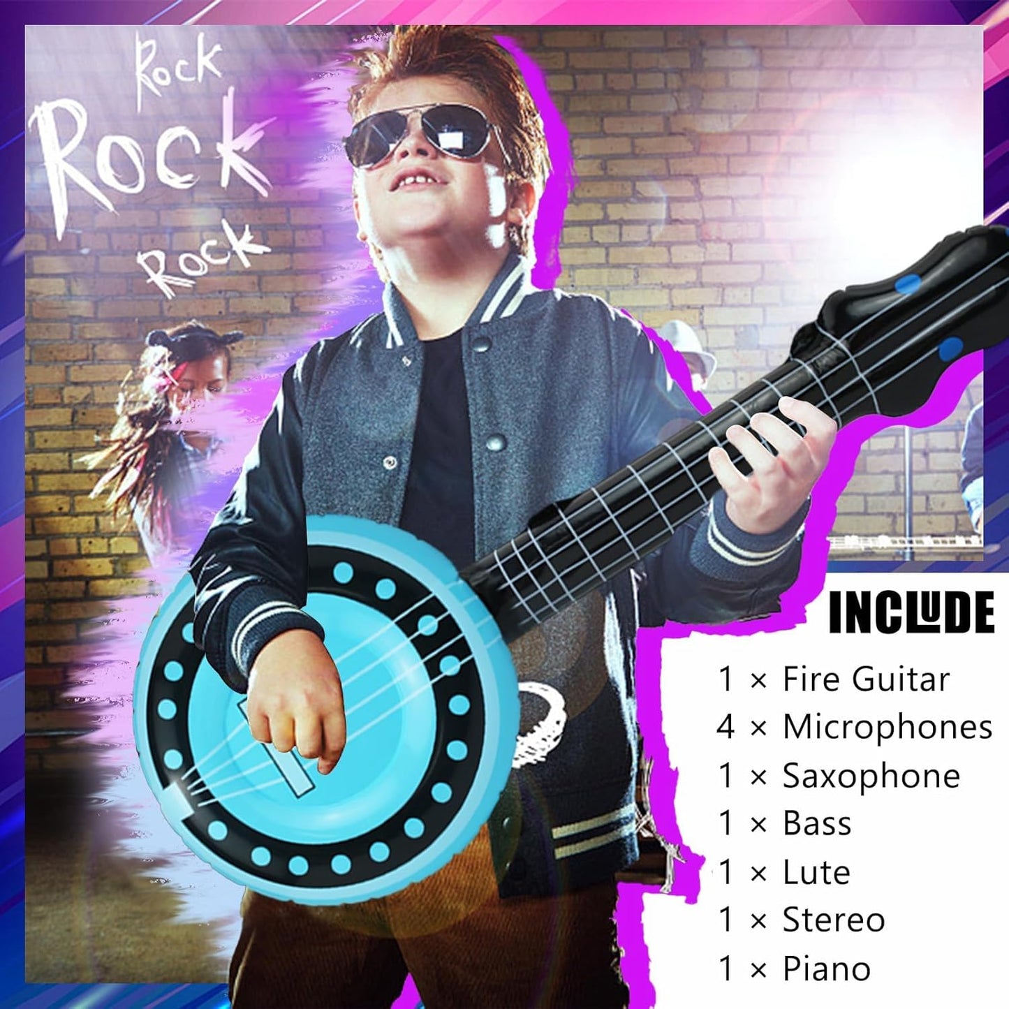 10 Pieces Inflatable Instruments Party Props Set Photo Booth Props Inflatable Guitar Saxophone Bass Lute Microphone Recorder Piano Theme Party Rock Toys Decorated Vintage Period Party