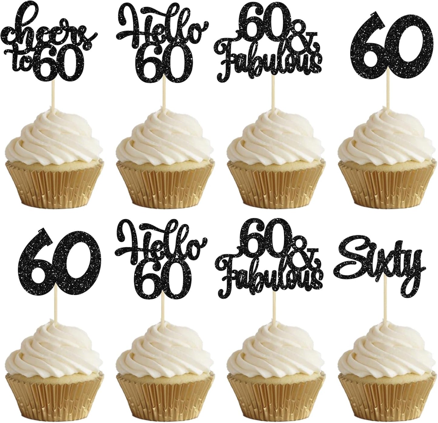 30Pcs Happy 60th Birthday Cupcake Toppers Black Glitter Sixty Cake Toppers Cheers to 60 Years Old Birthday Cupcake Picks for 60th Birthday Anniversary Party Cake Decorations Supplies