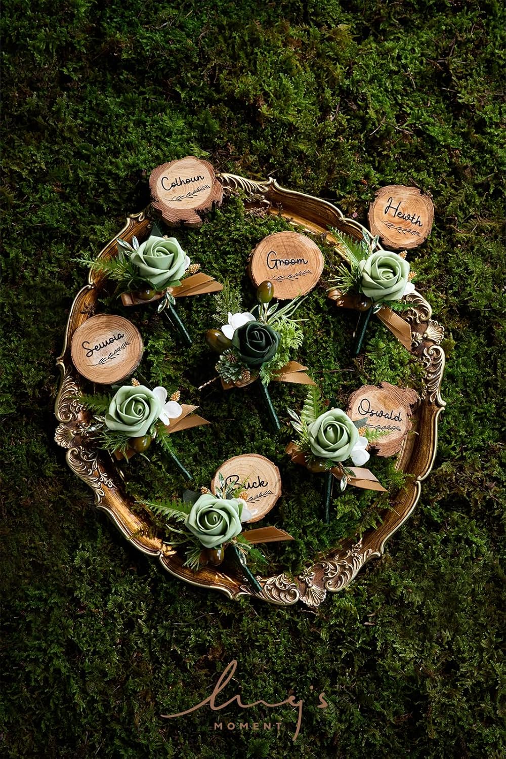 Ling's Moment Boutonniere for Men, 6pcs Groom Groomsmen Boutonniere, Artificial Flowers for Wedding Decor/Prom/Homecoming, etc.Green Beige