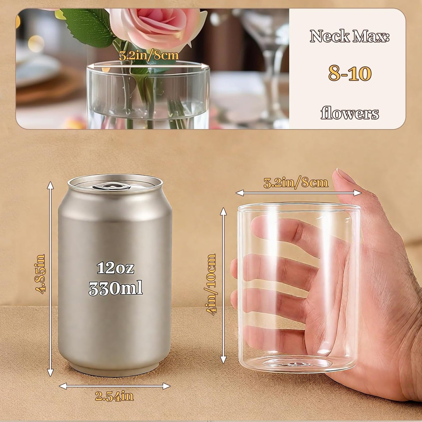 12pcs Small Glass Cylinder Vases for Centerpieces, 4 Inch Clear Flowers Vase for Wedding Decorations, Glass Hurricane Candle Holder for Home Decor Table Centerpiece