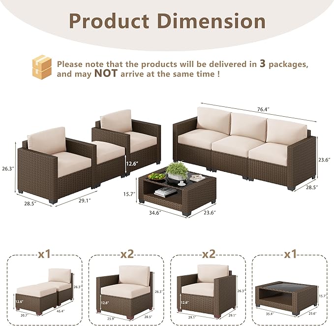 LOUVIXA 7 Piece Outdoor Patio Furniture Set, Rattan Chairs Glass Table Wicker - Image 2