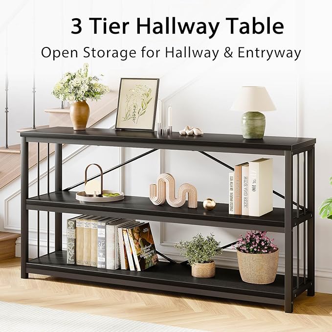 LVB Black Entryway Table, Modern Extra Long Sofa Console Table, Metal Wood - Image 7
