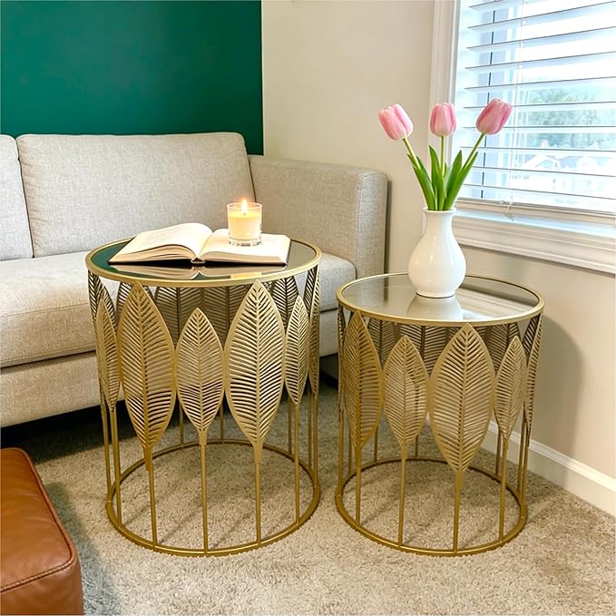 Homebeez Gold Nesting Tables Set of 2, Glam Leaf Design Round End Table - Image 4