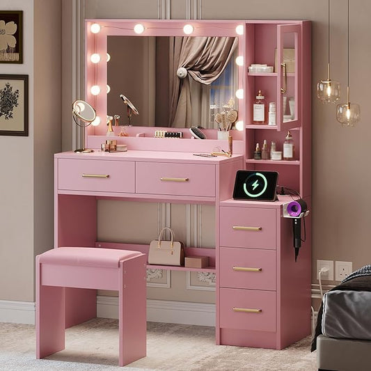 Makeup Vanity with Lights & Charging Station, Vanity Desk with Mirror & Lights by TOKSOM
