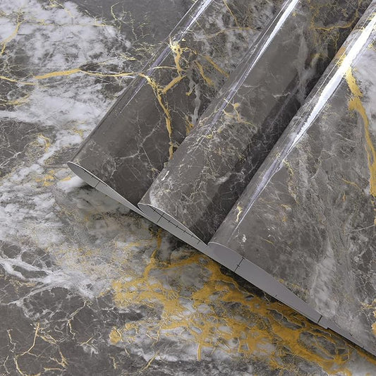 BAYYA 48"x80" Extra Wide Marble Contact Paper Grey/Gold Glossy Marble Wallpaper by BAYYAPeelandStickWallpaper