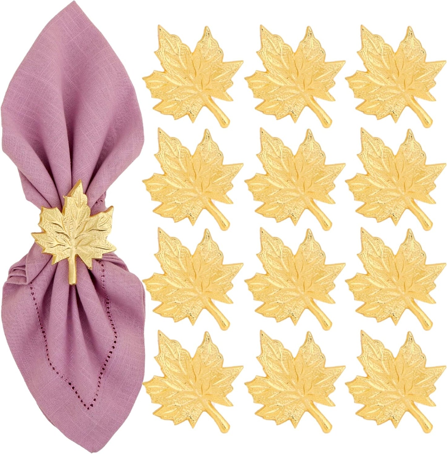Set of 12 Maple Leaf Napkin Rings - Handcrafted Aluminum Napkin Holders for Cloth & Paper Napkins, Elegant Table Décor for Wedding Receptions Thanksgiving Christmas Holiday Parties (Gold) CLEENTABLE