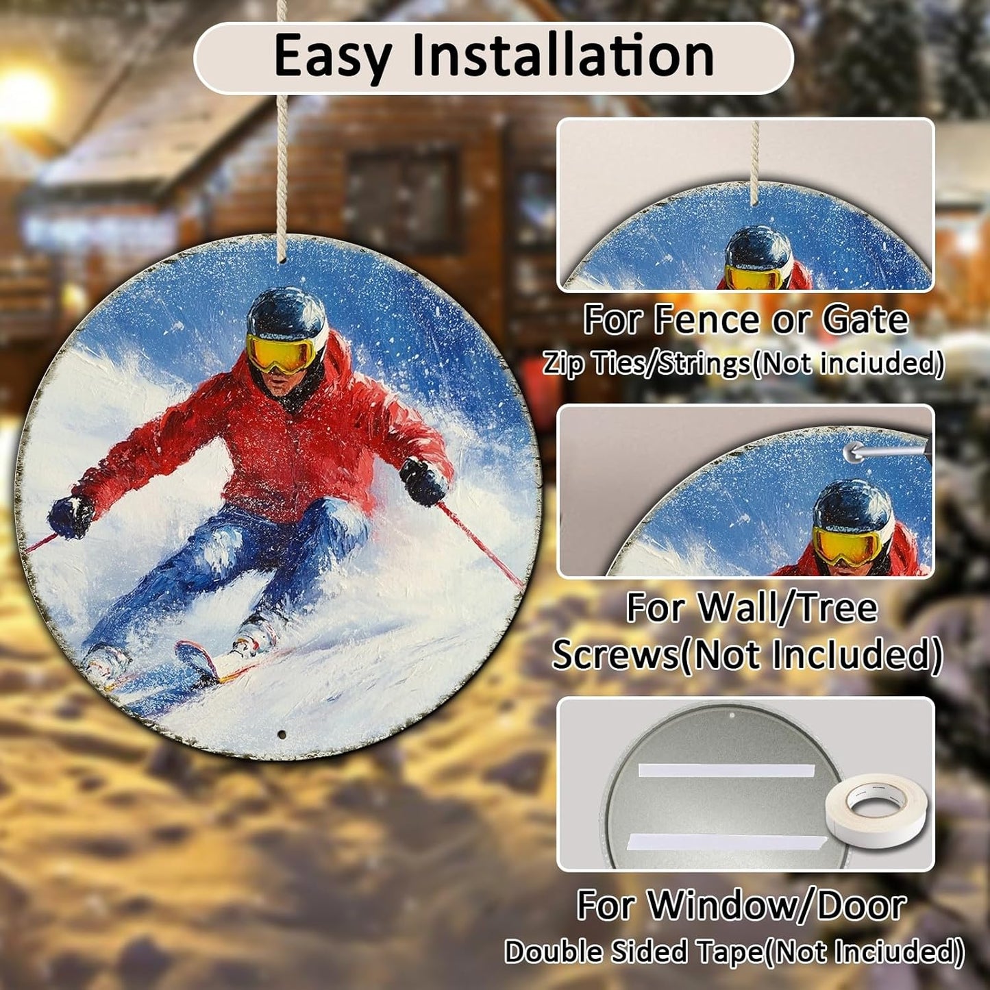 Round Ski Vintage Metal Sign Skiing Sign, Office Sign Home Décor Ski Lodge Décor Cabin Tin Sign 8 * 8 in