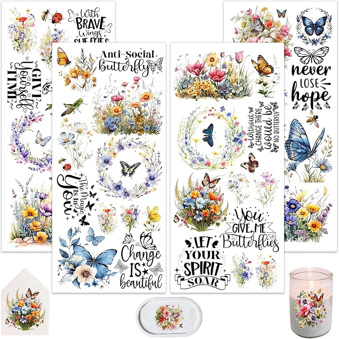 4 Sheets Rub on Transfers for Crafts, Flowers and Butterflies Furniture by Dorsbaby