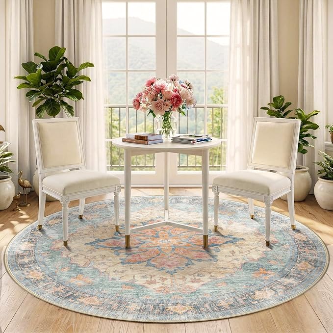 RELEANY Area Rugs Round 5ft Washable Non-Slip, Floral Vintage Distress Print - Image 2