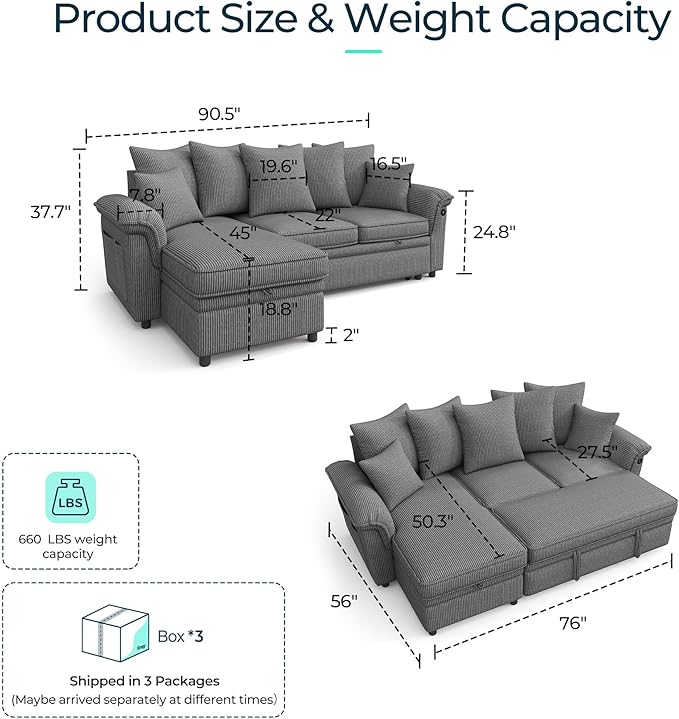 LINSY HOME 90.5'' Sectional Sleeper Sofa - Image 2