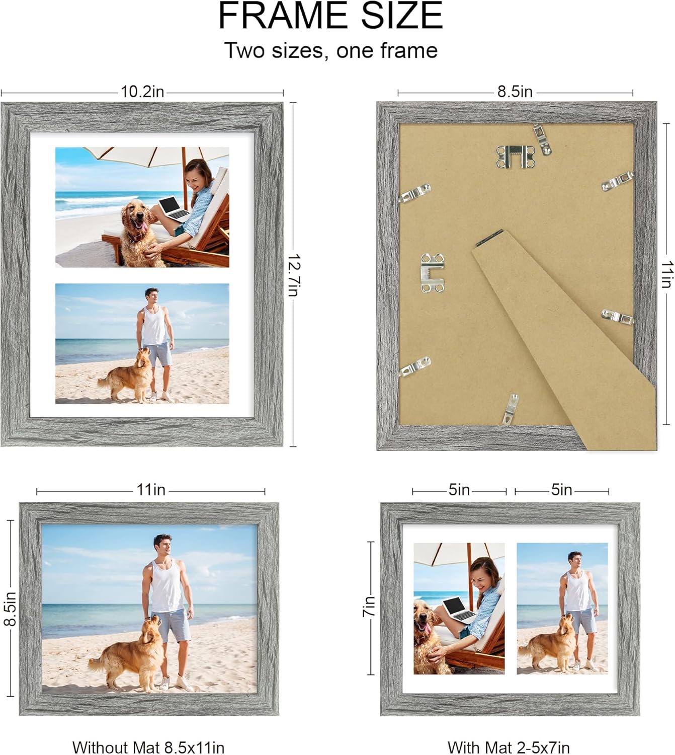 8.5x11 Picture Frame Set of 2, Gray Certificate Document Frames with Glass Collage Frame, Display Pictures Two 5x7 With Mat or 8.5 x 11 Without Mat - Horizontal or Vertical Wall Mounting