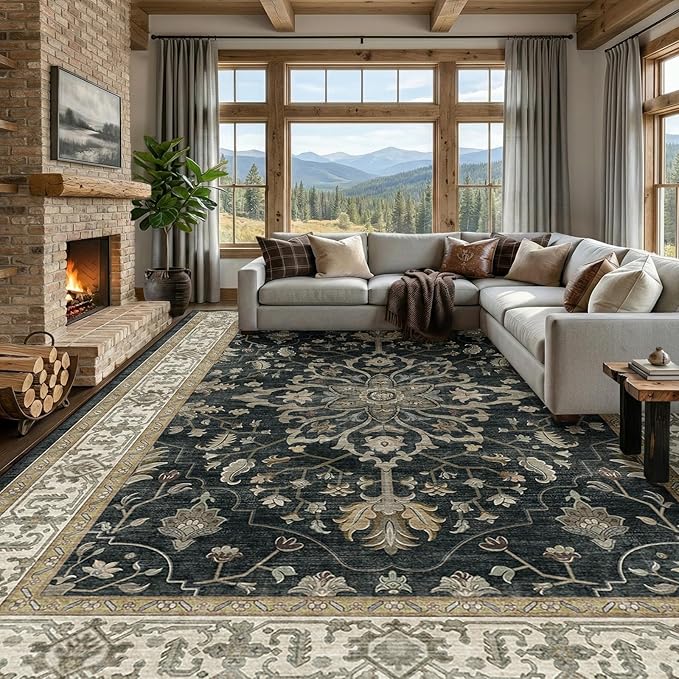 RELEANY Area Rugs 9'x12' Washable Non-Slip, Floral Vintage Distress Print by RELEANY