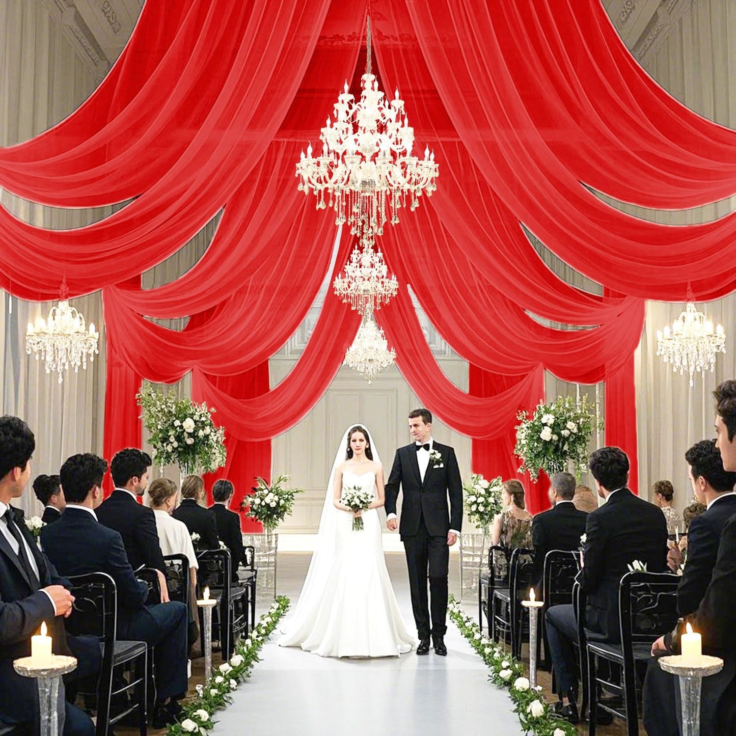 FUHSY Red Ceiling Drapes for Wedding Ceiling Drapes 5x20 FT 4 Panels Ceiling Draping Fabric Wedding Arch Drapery Fabric Sheer Backdrop Curtain Voile Drapes for Ceremony Outdoor Ceiling Decorations
