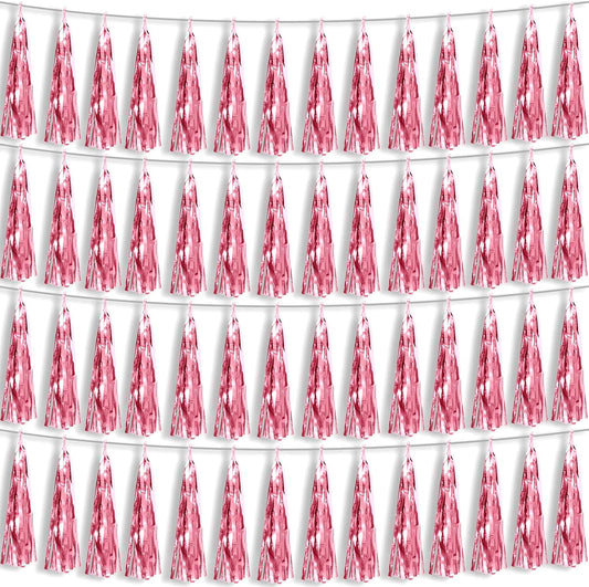 4P Light Pink Foil Fringe Metallic Tassel Streamers Banner Tassel Garland for Parade Floats, Bachelorette, Wedding, Birthday, Halloween, Christmas, Bridal/Baby Shower Party Decorations