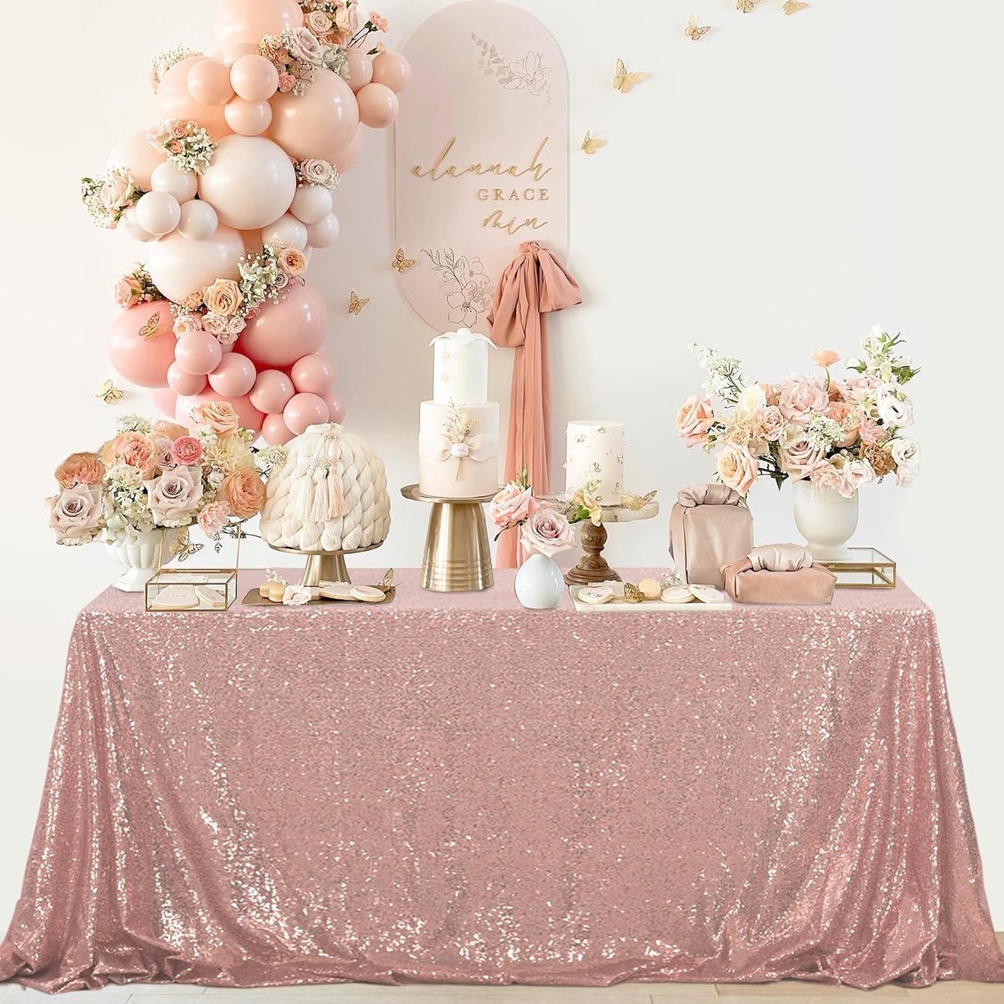 OQSQ Rosegold Rectangle Sequin Tablecloth - 60x102 inch, Glitter Drape Table Cloth, Sparkle Sequence Table Overlays for Wedding Birthday Party Baby Bridal Shower