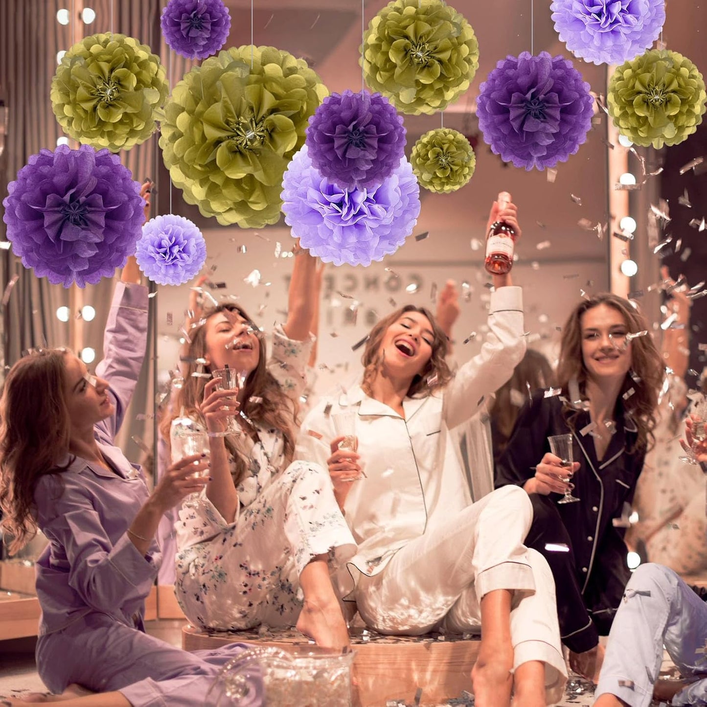 Tissue Paper Pom Poms, Purple Gold Tissue Paper Flowers, Hanging Flower Balls for Weddings Fiesta Parties Birthday Baby Showers Classroom Bridal Shower Decoration (18Piece Set-6/10/12/14Inch)