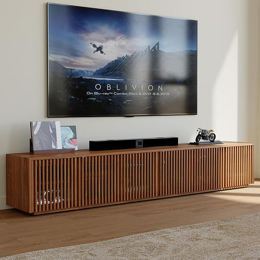 POVISON Full Assembled Mid Century Modern TV Stand, Wood Slatted Media Console by POVISON
