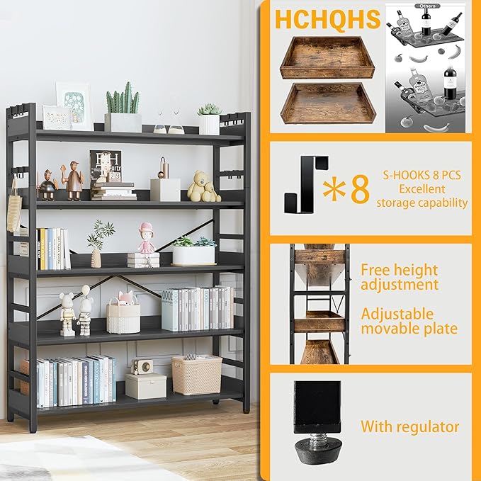 HCHQHS 5 Tier Bookshelf, Adjustable Industrial Bookcase, Vertical Tall Book - Image 5
