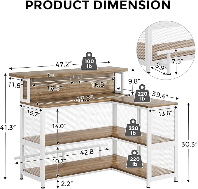 L-Shaped Home Bar Unit with Wine Glasses Holder and LED Light, Modern Bar Table - Image 2