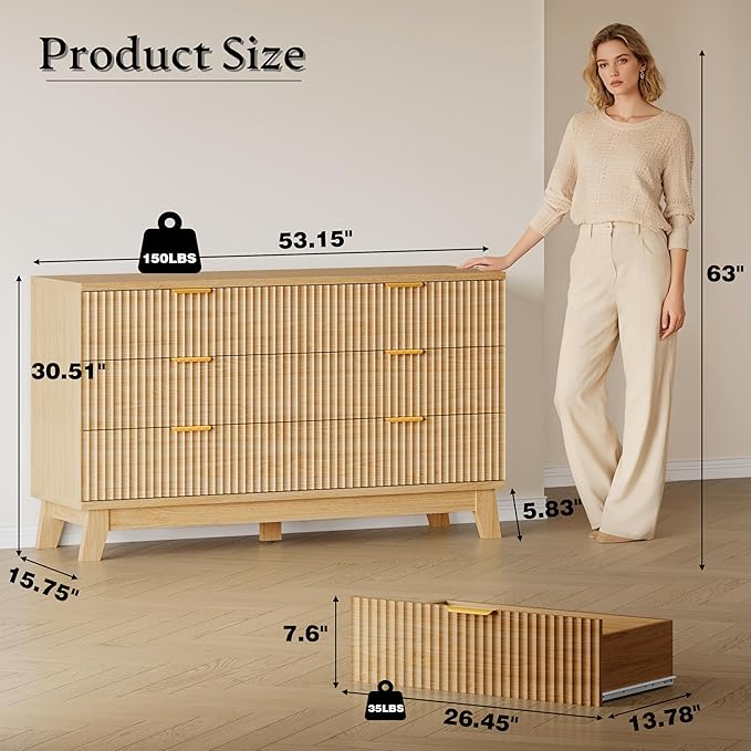 BORNOON 53" Long Dresser for Bedroom, 6-Drawer Dresser - Image 2
