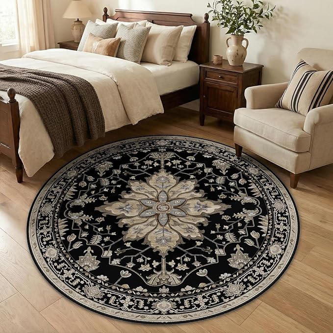 RELEANY Area Rugs Round 5ft Washable Non-Slip, Floral Vintage Distress Print by RELEANY