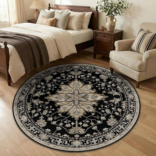 RELEANY Area Rugs Round 5ft Washable Non-Slip, Floral Vintage Distress Print by RELEANY