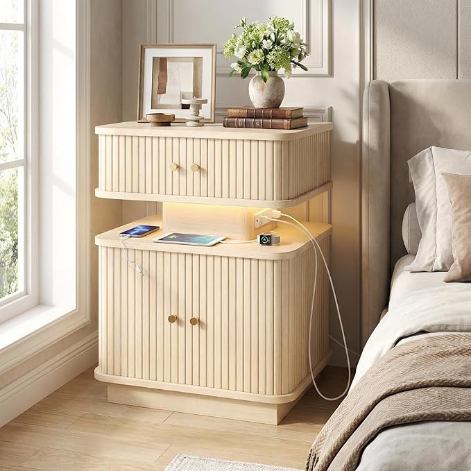Nightstand with Charging Station, Modern Night Stand with Smart Led Light and 2 - Image 3