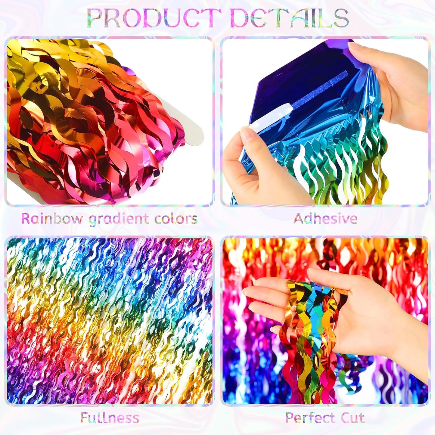 Jutom 6 Pieces 3.3 x 6.6 ft Wavy Tinsel Foil Fringe Curtains Foil Fringe Streamer Backdrop Party Curtain for Sea Mermaid Baby Shower Birthday Party Decoration (Rainbow)