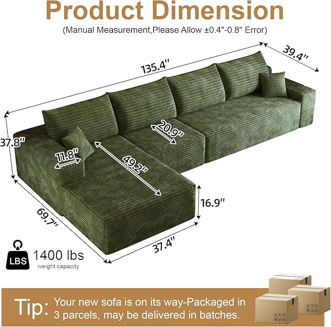 136" Sectional Couches for Living Room Cloud Couch Sofa - Image 2