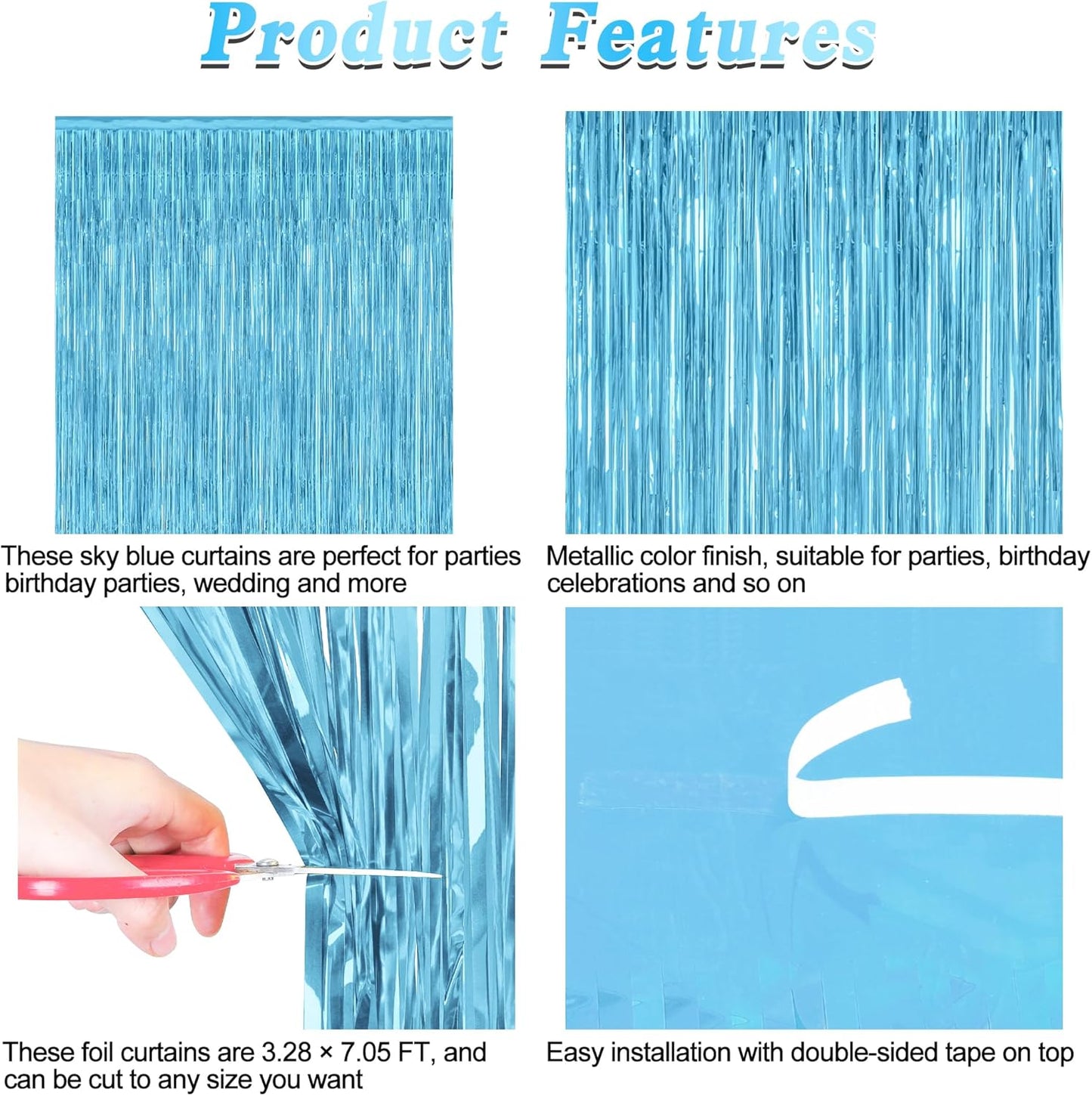 12 Pack Party Decorations, 3.28 FT x 7.05 FT Sky Blue Curtains, Metallic Party Streamers Photo Booth Backdrop Foil Fringe Curtains, Light Blue Winter Wonderland Backdrop Birthday Decor