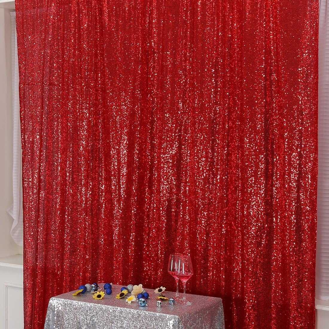 Poise3EHome Red Sequin Backdrop,7FT x 7FT Sequin Photography Backdrop Curtain for Party Decoration