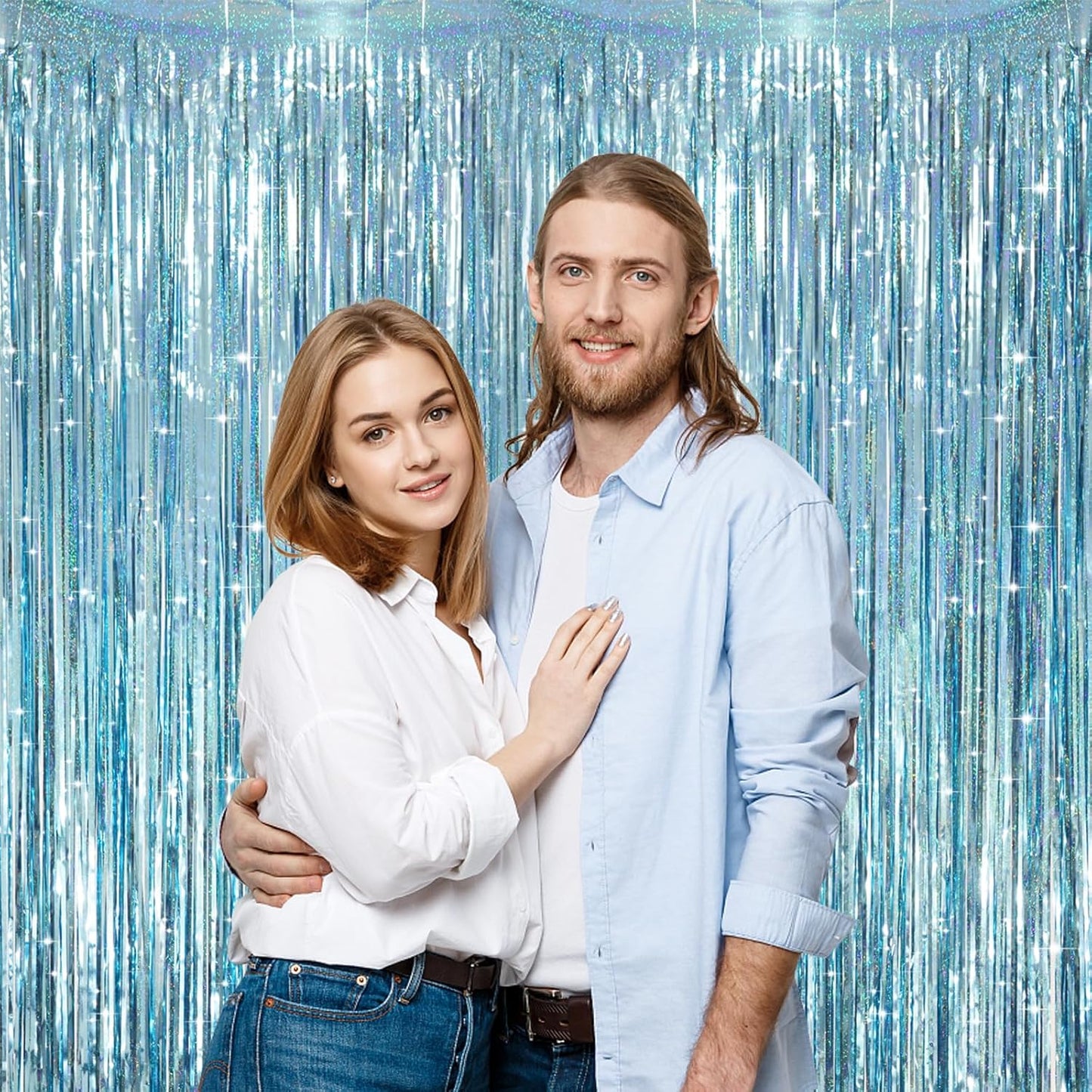 2 Pack Laser Light Blue Foil Fringe Curtains, Tinsel Streamers Birthday Party Decorations, Fringe Backdrop for Kids Birthday, Sea, Blue Theme Party