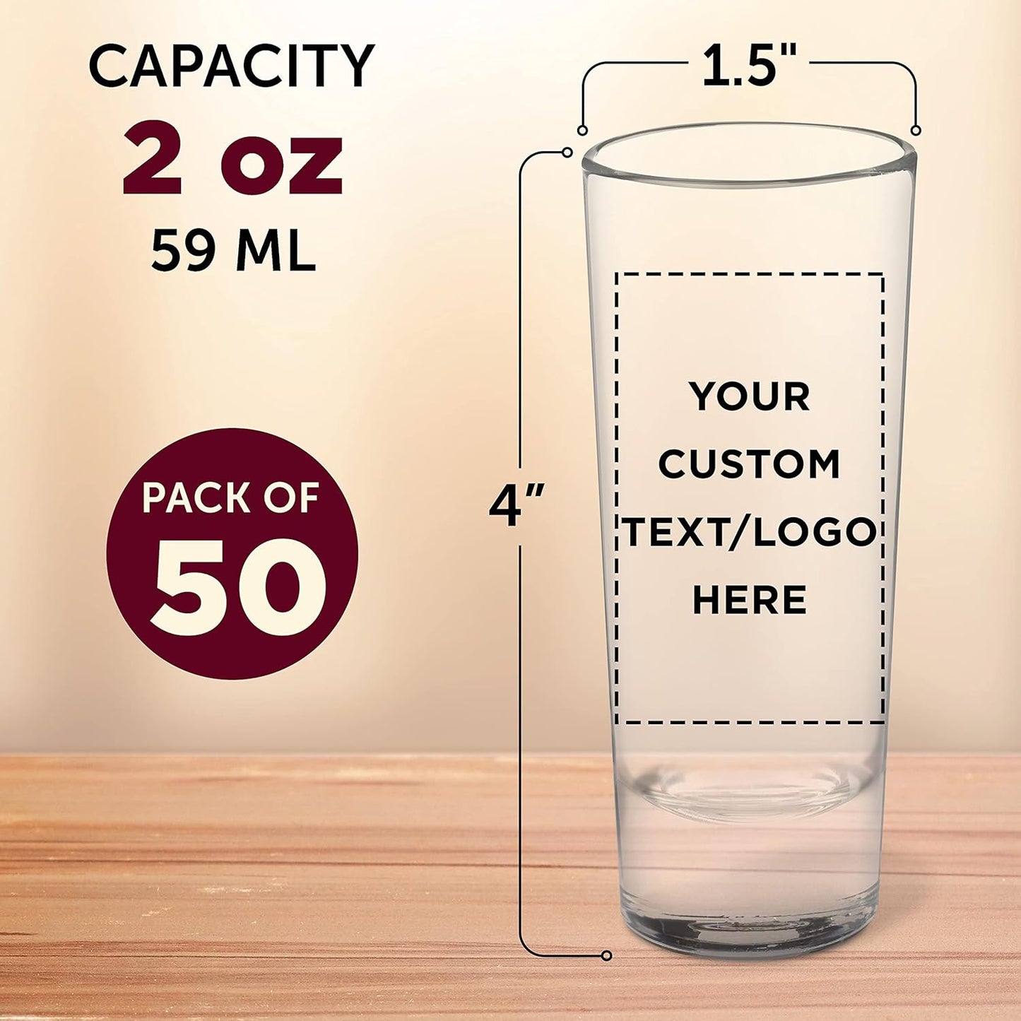 Custom Cordial Shooter Shot Glasses 2 oz. Set of 50, Personalized Bulk Pack - Great for Birthdays, Parties, Indoor & Outdoor Events - Clear