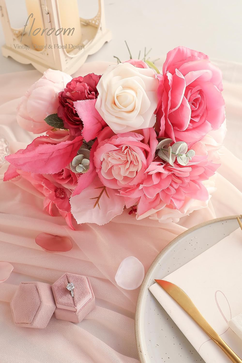 Floroom Hot Pink Blush Artificial Flowers Fake Roses Peonies Dahlias and Greenery Combo Box Set for DIY Wedding Bouquets Bridal Shower Centerpieces Floral Arrangements Party Tables Home Decorations