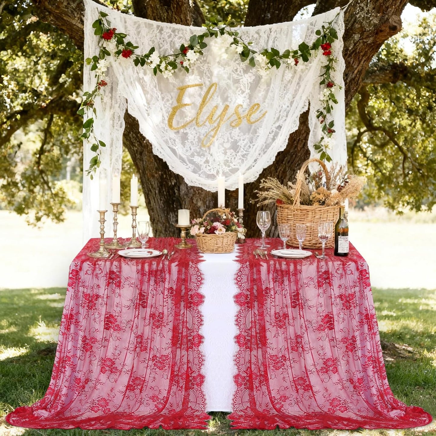 LuoluoHouse Red Tablecloth Christmas Lace Table Fabric 2pcs 60x120 Inch for Birthday Rustic Wedding Bridal Shower Party Decoration Rectangle Overlay Vintage Embroidered Reception Table Cloth Decor