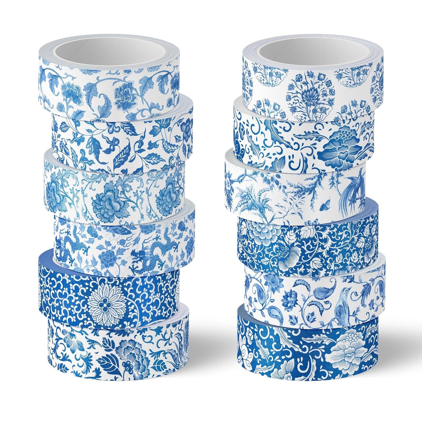 Whaline 12 Rolls Blue Floral Washi Tape Chinoiserie Flower Washi Tape Vintage Masking Decorative Gift Wrapping Paper Tape for DIY Craft Scrapbook Envelope Party Favor Supplies