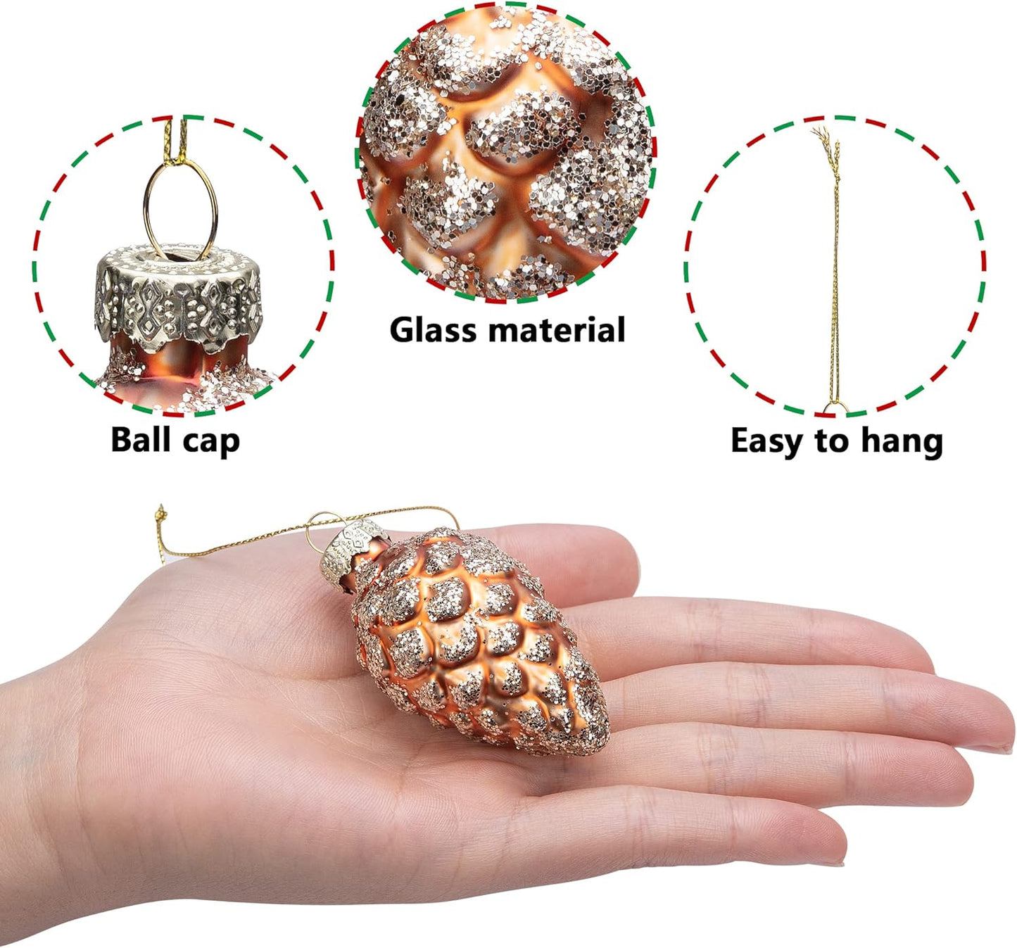 Watayo 12 Pcs Christmas Pinecone Glass Ornaments- Fall Hanging Pine Cone Painted Glass Ornaments- Glitter Pinecone Christmas Ornament for Xmas Tree DIY Crafts Fall Thanksgiving Day Decoration