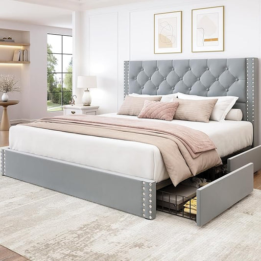 LARMACE Queen Size Bed Frame Upholstered Platform Bed by LARMACE