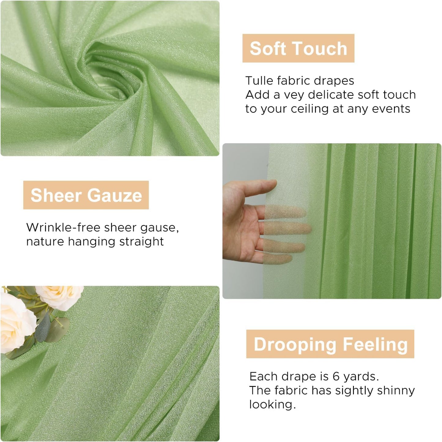 Wokceer Wedding Arch Draping 6 Panels 28.7" x 20FT Sage Green Sheer Fabric Backdrop for Ceremony, Birthday Party, Bridal Shower Decoration