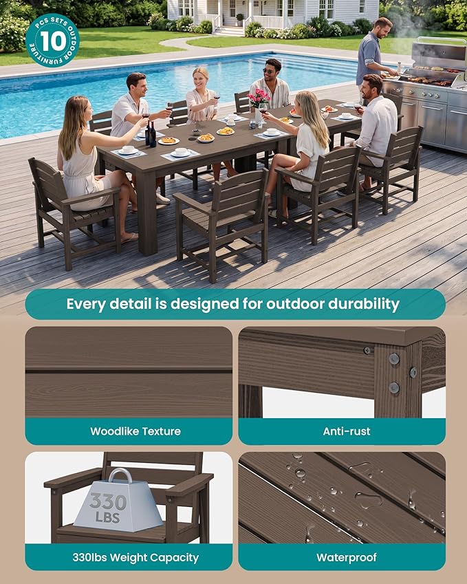 SERWALL HDPE Dining Set for 8: 2 Umbrella Hole Tables + 8 Chairs. Includes 8 - Image 2