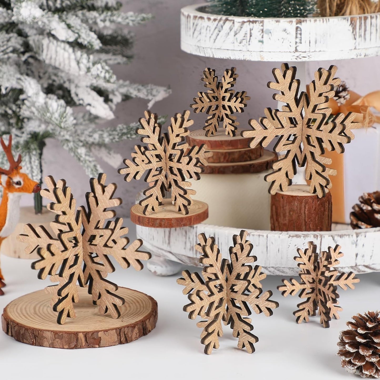 Bucherry 12 Pcs Wooden Snowflake Table Decor 3D Snowflake Tabletop Signs and Centerpiece for Christmas Winter Xmas Party Wonderland Decorations Home (Rustic Color)