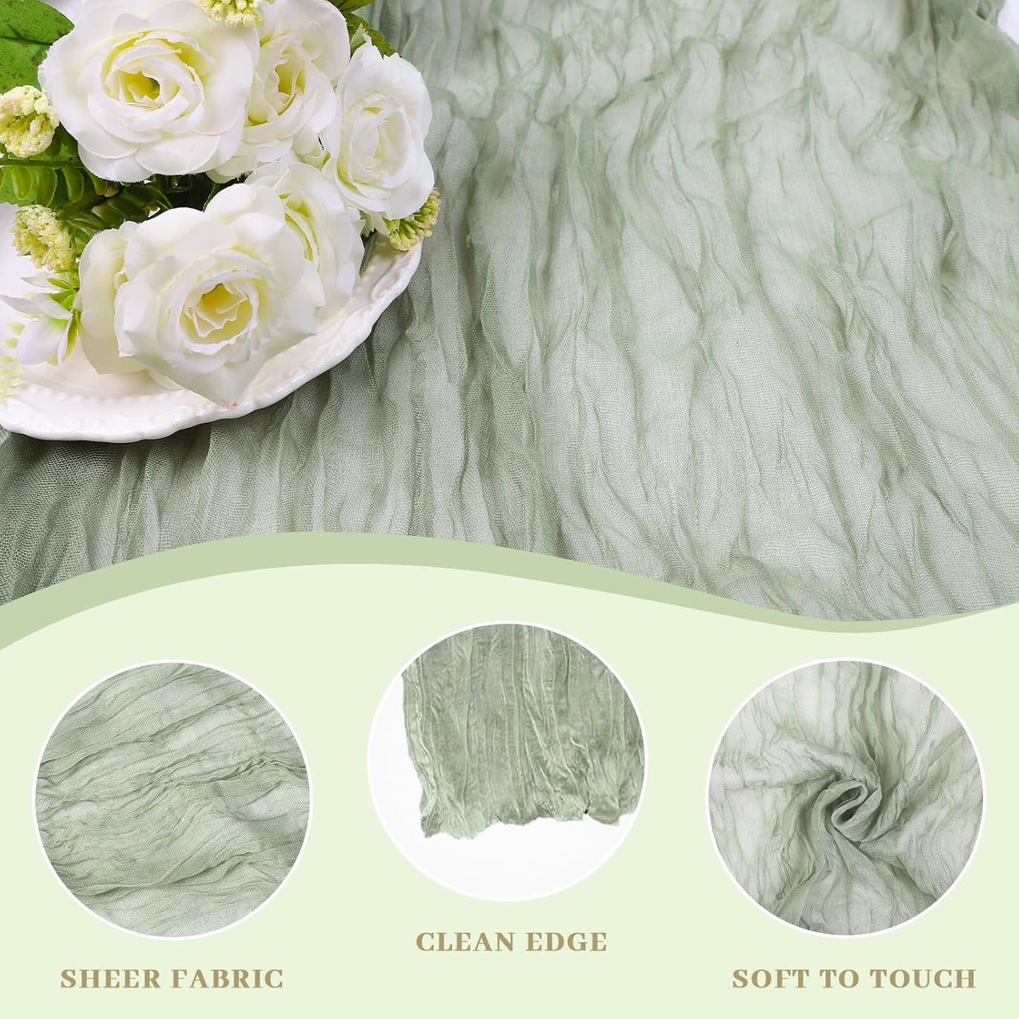 Le courant 12pcs 10Ft Cheesecloth Table Runner, Rustic Boho Gauze Cheese Cloth Runner Table Runner for Weddings Bridal Baby Shower Birthday Holiday Parties Home Decor, Sage Green